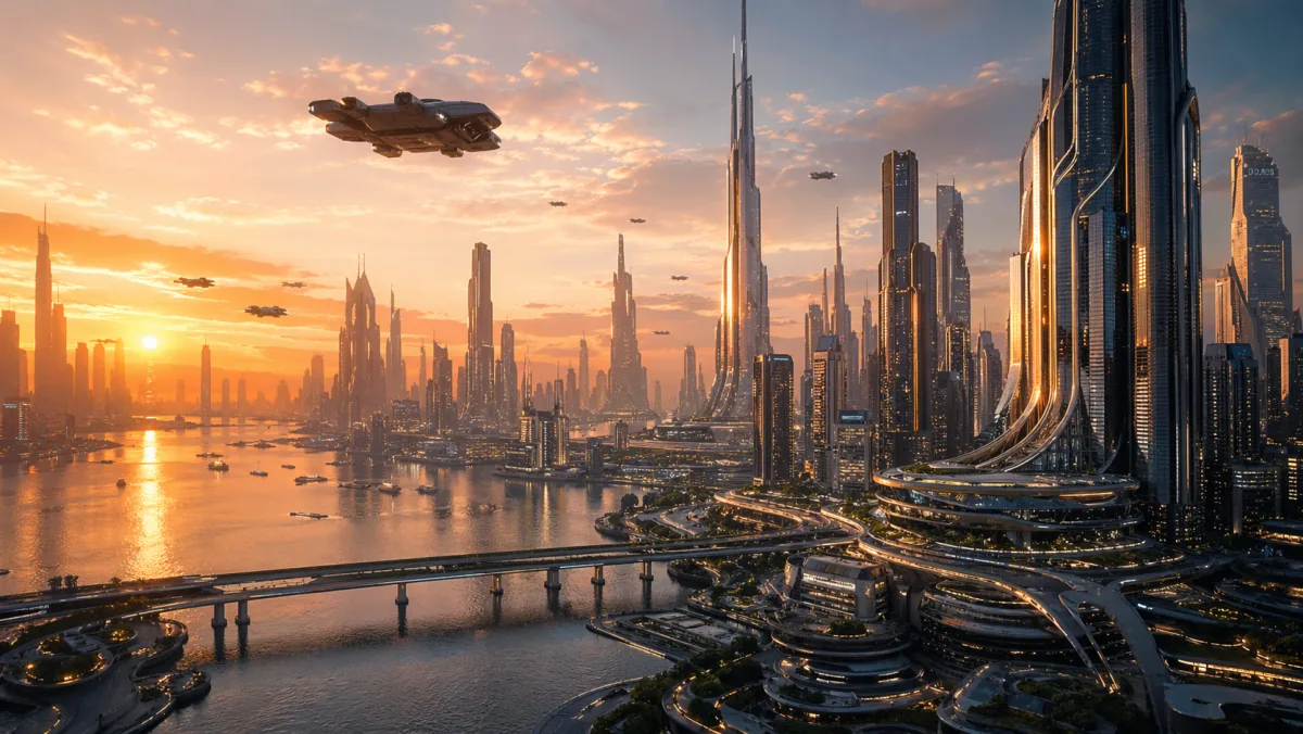Golden hour futuristic city campaign